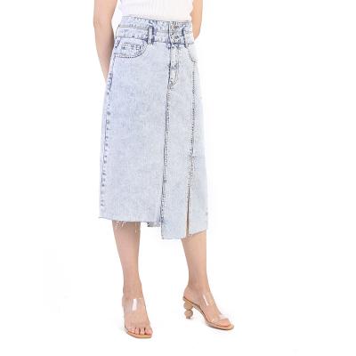 China Breathable Denim Skirts Cotton Custom Light Blue Snow Wash Double Waist Layer Split Asymmetrical Fringes Casual Women Jeans Skirt for sale