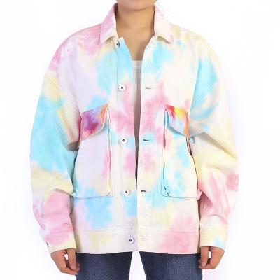 China OEM ODM Cotton Breathable Dye Oversized Tie Dye Colorful Loose Cargo Ladies Denim Jackets OEM ODM Loose Drop Shoulder Customized for sale