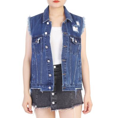 China Women Denim Jackets Breathable OEM ODM In Stock Sleeveless Cotton H Soon Form Casual Destroyed Ripped Customized for sale