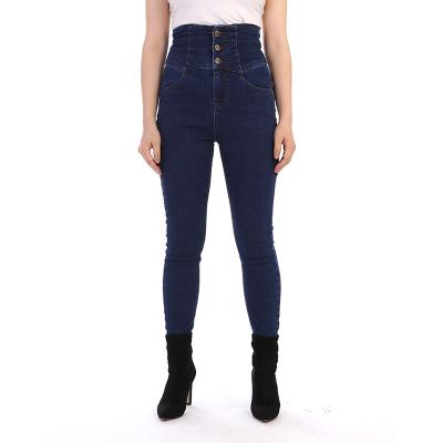 China Front Hot Super High Waist Ladies Jeans OEM ODM Sexy Skinny Stretched Workable Cheap Price Breathable Good Service 3 Buttons for sale