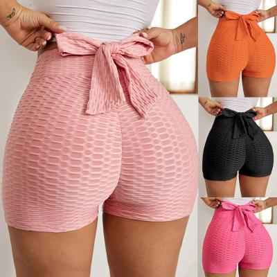 China Breathable Y-0009 CHAIV YOGA SHORTS Fitness Bubble Shorts Bowknot Summer High Waist New Sports Shorts Women for sale