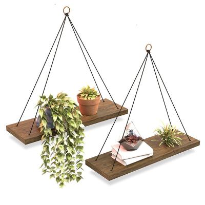 China Foldable Solid Pine Wood Swing Rope Wooden Hanging Floating Wall Shelves Rope Shelf for sale