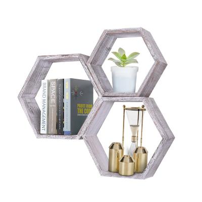 China Custom Rustic Wooden Cube Shelf Wall Rack Hexagon Wall Hanging Farmhouse Storage Shelves for sale