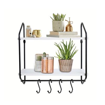 China Europe Type Rustic Style 2 Tier Kitchen Wooden Spice Metal Storage Wall Mounted Floating Wooden Shelves With Towel Rack And Hooks for sale