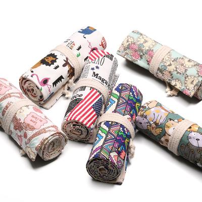 China Schools & Offices Canvas Pencil Roll Wrap Pen Bag Pencil Roll Up Pencil Case Holder Colored Printing For Sketching for sale