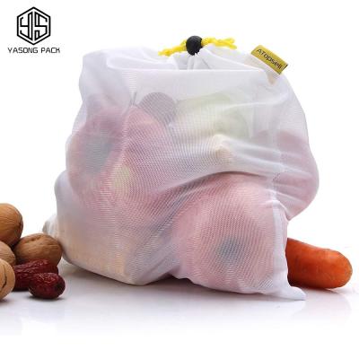 China Rope Handle 9 Pack Eco Mesh Drawstring Vegetable Fruit Produce Storage Packaging Washable White Nylon Shopping Net Bag for sale