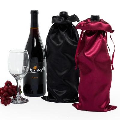 China Gift OEM Satin Party Wine Bottle Drawstring Bag Silk Printing Red Custom Logo Around The Bottom Satin Gift Bag for sale