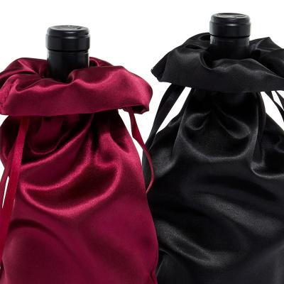 China Silk Gift Wine Bottle Drawstring Bag Custom Logo Around The Bottom Satin Gift Bag for sale