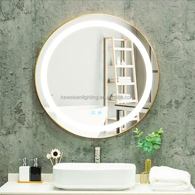 China Contemporary Customized Size Gold Framed Backlit Led Mirror Wall Mounted Anti-fog Led Round Bathroom Mirror for sale