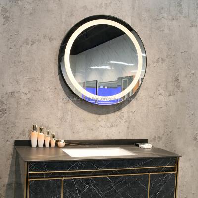 China Contemporary Three Touch Light Illuminated Metal Framed Anti Fog Feature LED Wall Mounted Circle Backlit Bathroom Mirror for sale