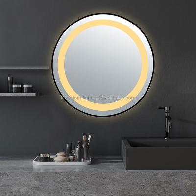 China Contemporary Beauty Decorative Barber Shop Round LED Mirror Decorative Wall Mirror Anti Fog Touch Screen Magnifier Smart Framed Bathroom Mirror for sale