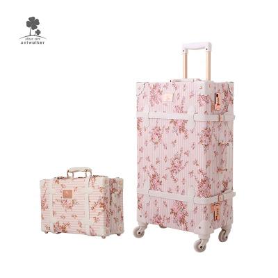 China High Quality Factory Fashion Vintage Design Floral Printing Cute Hand Spinner Rolls Soft Shell Classic Make Up Trolley Case Luggage for sale