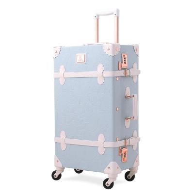 China Retro High Quality Light Blue Rolling Luggage With Adjustable Rod, Spinner Wheels Cute Vintage Suitcase For Women Carry On for sale