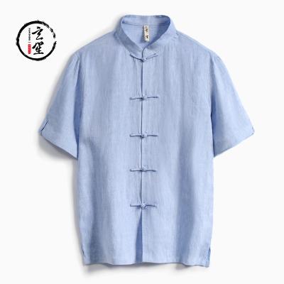 China Summer New Men's Linen Plain Henley Shirts Chinese Men's Wear Breathable Casual Thin Short Sleeve Cotton Fit T-shirt for sale