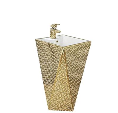 China Wholesale Easy Clean Bathroom Luxury Ceramic Diamond Shaped One Piece Floor Standing Gold Color Free Standing Sink for sale