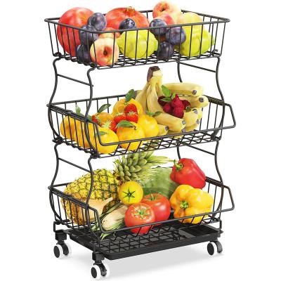 China Sustainable 3 Tier Stack Metal Wire Basket Cart With Rolling Wheels, Utility Rack For Kitchen, Galley, Garage for sale