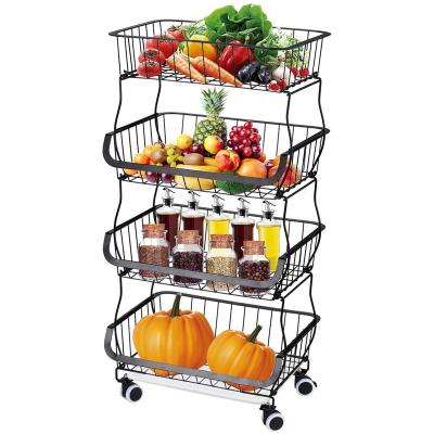 China Sustainable 4-Tier Stackable Storage Baskets, Metal Wire Fruit Vegetable Basket Organizer Bins With Casters For Kitchen, Pantry, Bathroom for sale