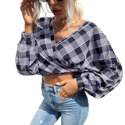 China New Ladies Breathable V-Neck Pullover Blouse Long Sleeve Plaid Shirt With Navel For Women for sale