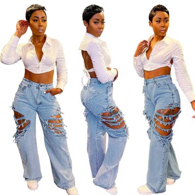 China New Breathable Stylish Ripped Straight Wide Leg Hollow Denim Pants Women High Waisted Wide Leg Jeans for sale