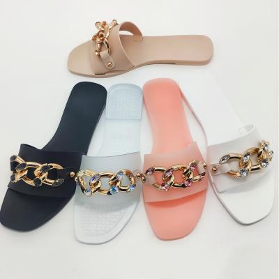 China 2021 High Quality Classic Jelly Buckle Metal Gold Design Flat Women Flat Stock Shoes Sandals Shoes for sale