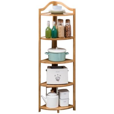 China 3 4 5 Tier Wooden Bamboo Corner Shelf Home Kitchen Organizer Storage Pantry Food Storage Rack Shelf Rack for sale