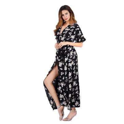 China Anti-static high quality ladies printed floral short sleeve sweater V-neck knitted casual long slit dress for sale