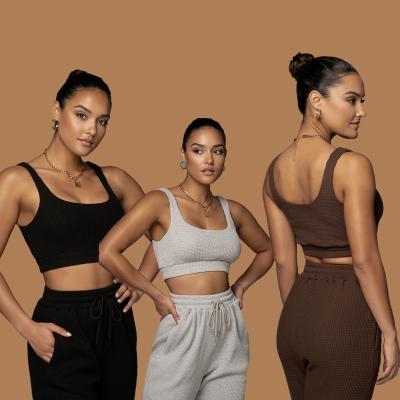 China 2021 Anti-Wrinkle Logo 2 Piece Set High Quality Custom Joggers Crop Tops Pants Waffle Set Two Piece Women Workout for sale