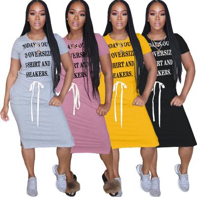 China Wholesale Breathable Solid Color Letter Printed Around Pink Casual Women Long Drawstring Neck Bandage T-shirt Dresses for sale