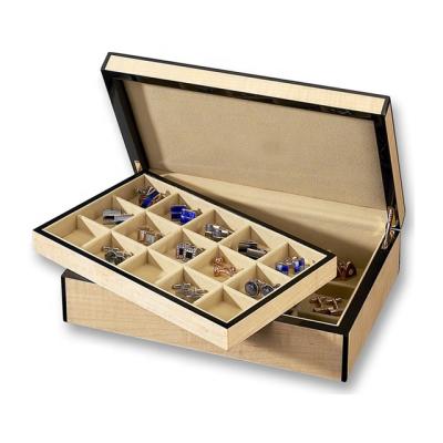 China Luxurious hinges on both sides allow the case to easily open and close Custom Wooden Velvet Packaging Boxes Luxury Logo Cufflink Storage Box for sale