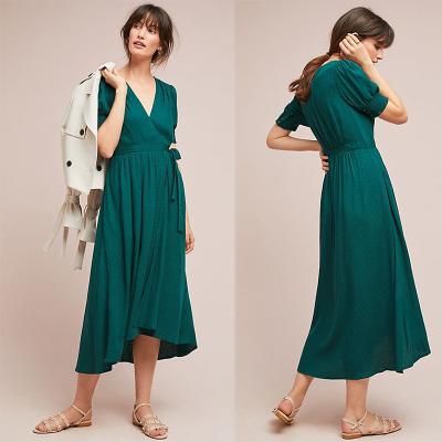 China Western Women Elegant Short Sleeve Long Green Wrap Dress Midi Dresses Wrap for sale