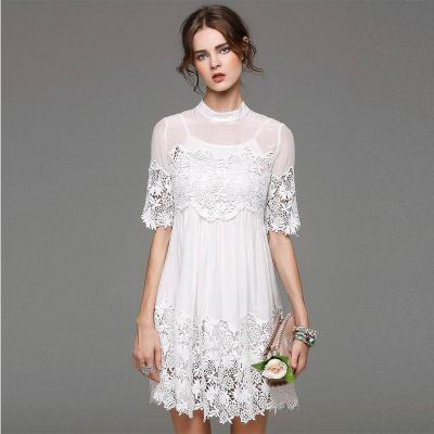 China Western Women White Stand Collar Silk Embroidery Mini Dress for sale