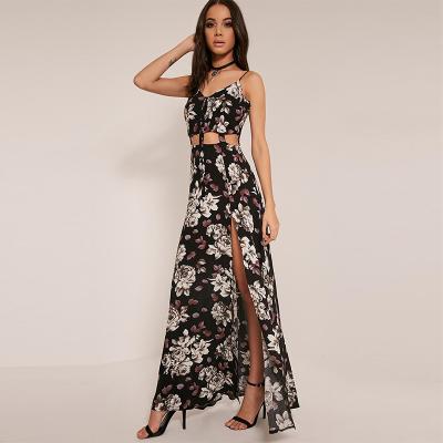 China Women spaghetti strap printed fancy black cut out maxi dress for sale