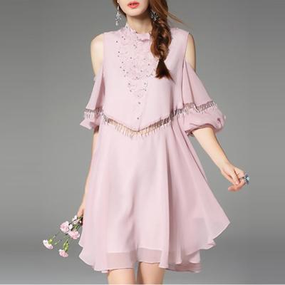 China Women Casual Pink Cold Shoulder Half Sleeve Beaded Mini Dress for sale