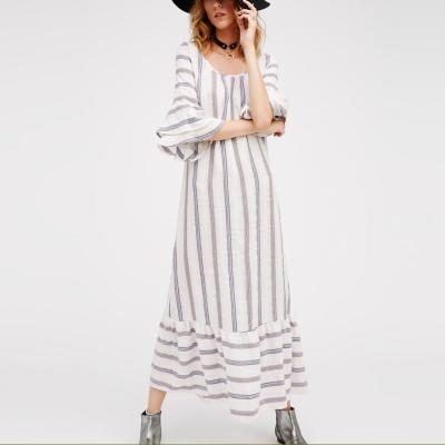 China Latest Design New Spring Woman Striped Maxi Dress Round Neckline Flared Sleeves Dress for Ladies for sale