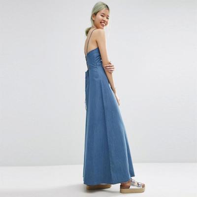 China Maxi Dress With Tie Back in Washed Cotton Tie Fastening Denim One Piece Dress LC3029-G for sale