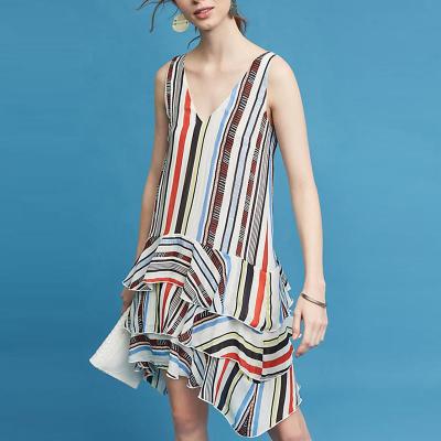 China 2018 Elegant striped v-neck ruffle casual women summer dresses for sale