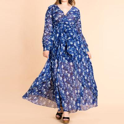 Chine Nouveau venu plus robe de longue douille d'impression florale de robe de taille la maxi à vendre