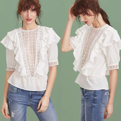 China 2017 Women white blouse ruffle trim round neck shirts for women for sale