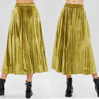 China Fall Clothing Women Ladies Harvest Yellow Velvet Maxi Skirt Pleated for sale