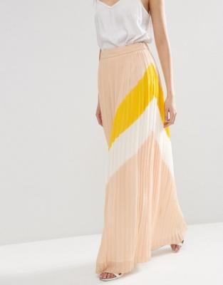 China Elegant Pleated Women Maxi Skirt with Colour-block Print for sale