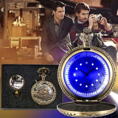 China Retro Antique Luxury Collar Clock Steampunk Hollow Train Carving Luminous LED Clock Gift Set Man Quartz Pocket Watch for sale