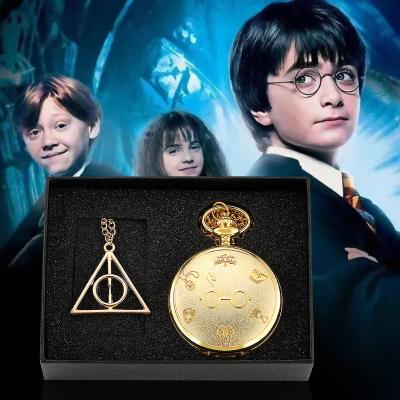 China Antique Watch Gift Set Harajuku Clock Lightning Glasses Quartz Pocket Watch With Death's Day Hallows Pendant Chain for sale