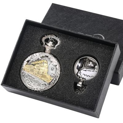 China Vintage Retro Vintage Train Pendant Locomotive Engine Silver Pocket Watch Chain for sale