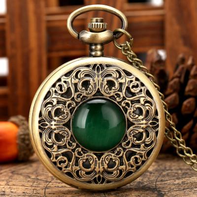 China Classic Bronze Pocket Watch Emerald Green Stone Exquisite Antique Quartz Cat Eye Opal Carved Hollow Flip Dial Pendant Necklace Chain for sale