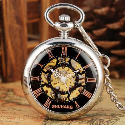 China Fashion Unique Silver Minimalist Skeleton Hand Wind Mechainical Pocket Fob Watches Man Women Steampunk Durable Mechanical Watches for sale