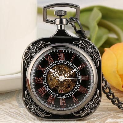 China Fashion Antique Square Black Skeleton Irregular Mens Womens Mechanical Pocket Watches Pendant Chain FOB Wind Up Pocket Watch For Sale for sale