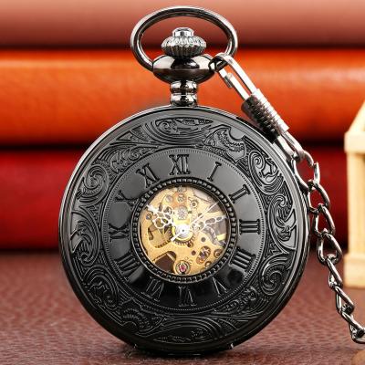 China Luxury Antique Black Manual Winding Roman Numerals Mechanical Watch Hand Skeleton Pocket Watch For Man for sale