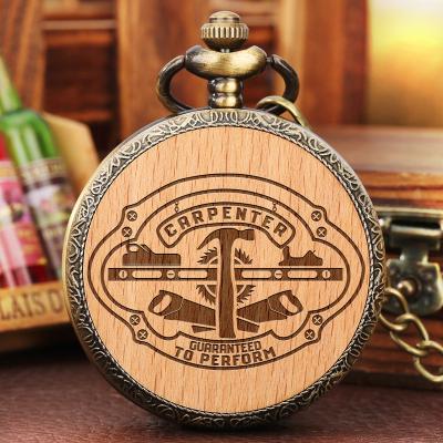 China Death Reaper Wood Slice Clock Handyman Master Worker Analog Quartz Men's Chain Pendant Pocket Watch With Carpenter Guaranteed To Perform Engraved for sale