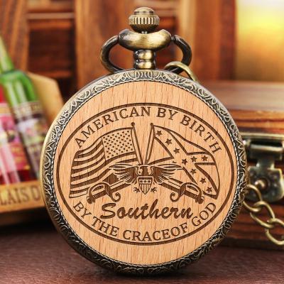 China Death Reaper Slice Gift Wood Pendant Engraved Confederate Flag Pride And Rebel Eagle Southern USA Battle Flag Quartz Pocket Watch With Chain for sale