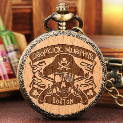 China Death Reaper Murphys Carved Dropick Skull Pirate Pattern Wood Carve Bronze Retro Quartz Antique Pocket Watches Pendant For Men for sale